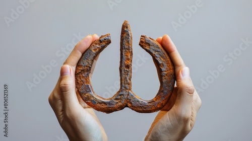 A pair of hands holding a rusty horseshoe.