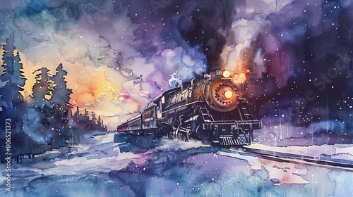 Artistic watercolor capturing a vintage steam train under a starry night sky, surrounded by fall colors on a winding forest railway photo