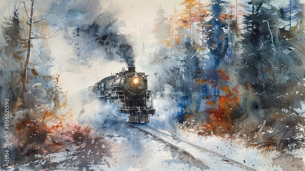 Obraz premium Dynamic watercolor of a diesel locomotive emerging from a misty, snow-speckled forest, the colors of autumn peeking through the haze