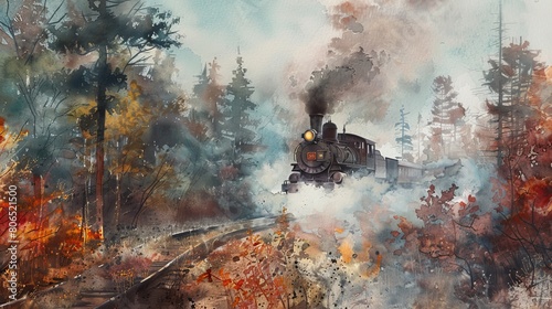 Artistic watercolor showing an old railroad with a steam locomotive emerging from a misty autumn forest  the steam mingling with fog