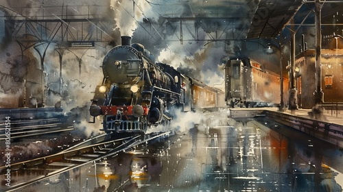 Atmospheric watercolor depicting a steam train through a misty, rain-soaked station, reflections on wet tracks adding depth and mood