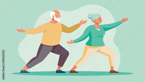 During their session an elderly couple works together to master the art of tai chi their bodies moving in perfect harmony.. Vector illustration