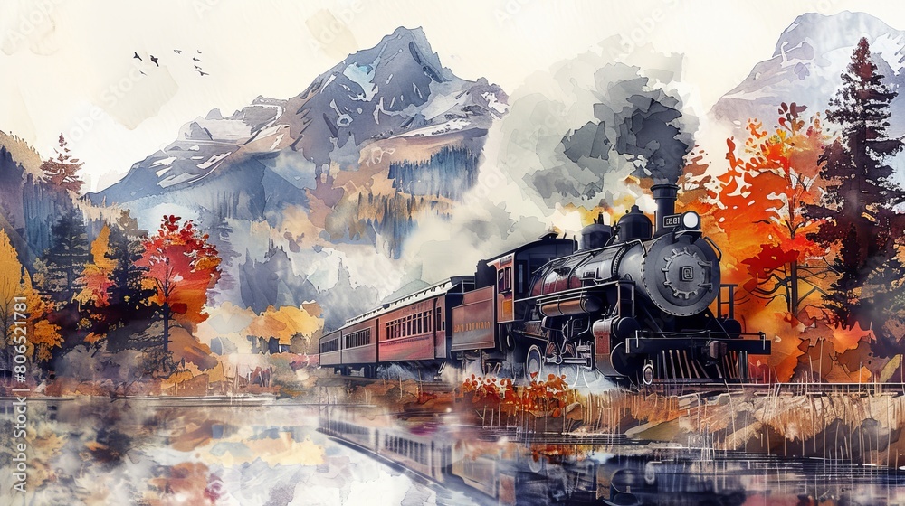 Dynamic watercolor scene of a steam train passing over a bridge, the river below reflecting the fiery autumn foliage