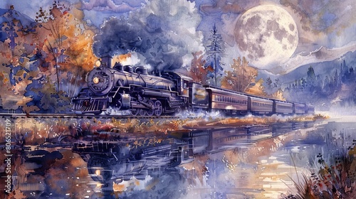 Dynamic watercolor of a diesel train emerging from a foggy winter morning  the icy mist and steel tracks creating a mysterious atmosphere