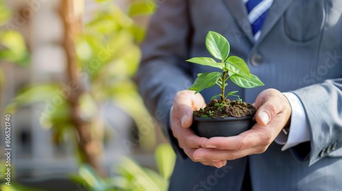 A businessman holding a plant.