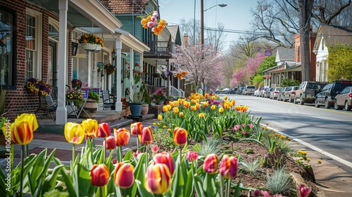 Fototapeta Naklejka Na Ścianę i Meble -  Beautiful streets in old American small town on sunny spring day. Landscaping design with colorful tulips in small city. The day before Easter in Hendersonville, North Carolina