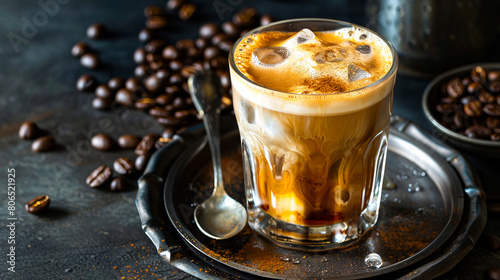 A glass of coffee with ice and beans.