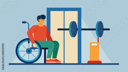 A wheelchair user easily transfers onto a weight bench showcasing its wide entrance and sy stability.. Vector illustration