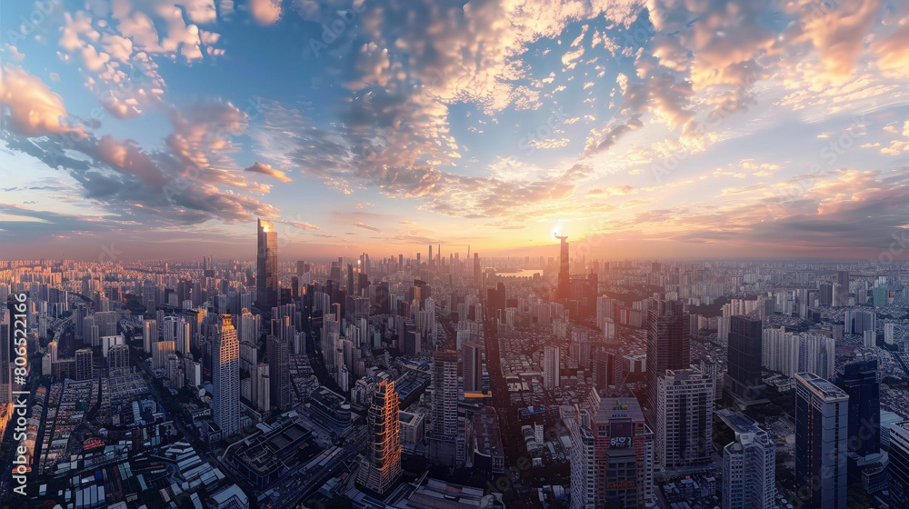Fototapeta premium Wide-Angle Cityscape Panorama with Modern Skyscrapers and Urban Landscape