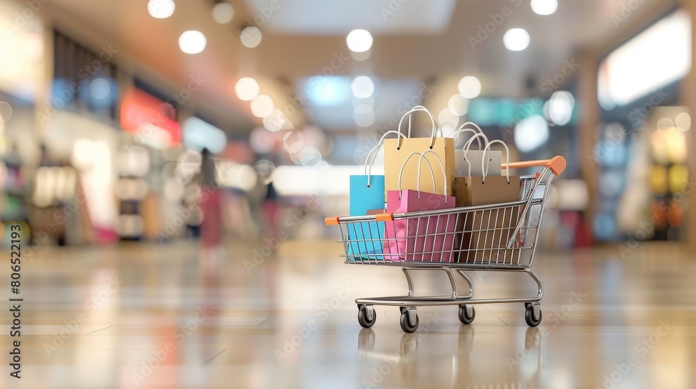 A shopping cart with shopping bags.