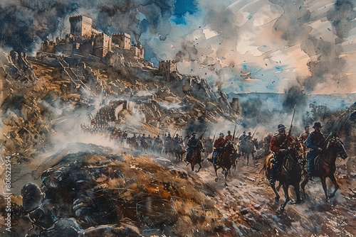 Capture the intricate details of a historic battle scene using the elegant structure of a sonnet in a watercolor painting, highlighting the bravery and sacrifice of soldiers photo