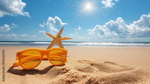 Fundo fotográfico de férias de verão com uma linda praia com óculos e uma estrela do mar em destaque photo