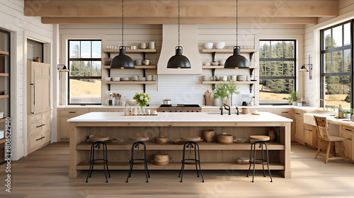 Modern farmhouse kitchen with shiplap walls, a large island, and open shelving, photo