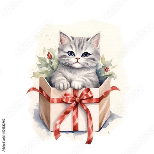 Cute kitten in a gift box. Watercolor illustration. Isolated on white background.