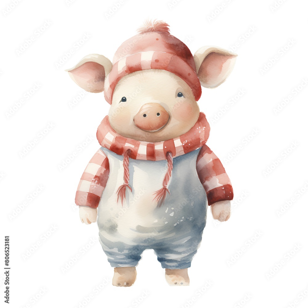 Watercolor cute pig in winter clothes. Isolated on white background Watercolor cute pig in winter clothes. Isolated on white background