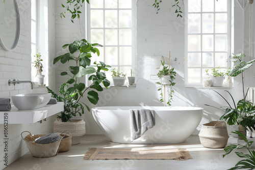 A bright bathroom with white walls  large windows on the left side and an elegant freestanding bathtub in front.