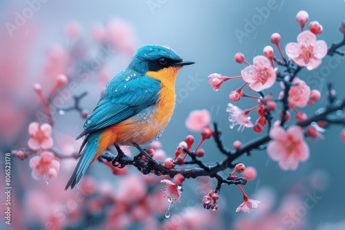 A colorful bird flying away from twigs in the wild, wildlife template