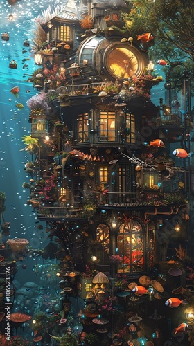 Delve into an enchanting underwater realm where vibrant marine life meets steampunk aesthetics  creating a mesmerizing fusion of dreamlike landscapes and intricate details