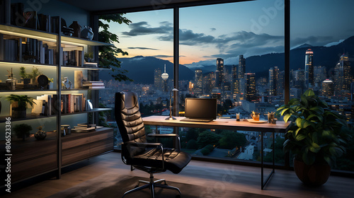 Modern home office with glass desk and city view,