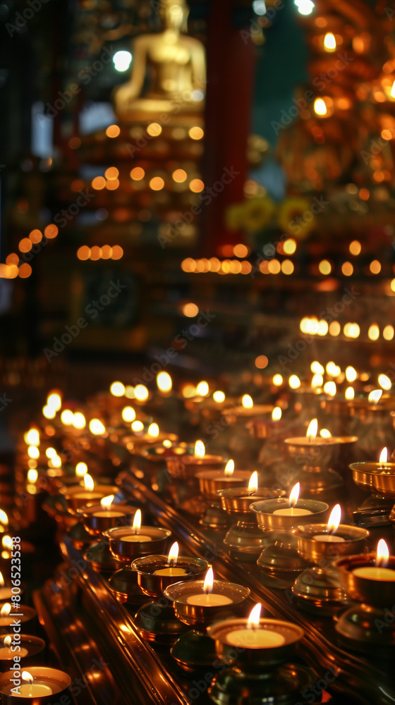 Many burning candles in a Buddhist temple. Burning oil lamps. Buddhism, meditation, religion. Warm golden tones, night. Vesak day. Vertical photo.
