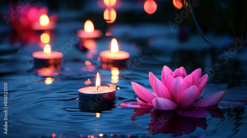 Pink lotuses and burning candles float in the water. Buddhism  Vesak day. Concept of meditation  yoga  relaxation  aromatherapy. Night  dark blue color  horizontal photo.