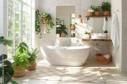 A bright bathroom with white walls  large windows on the left side and an elegant freestanding bathtub in front.