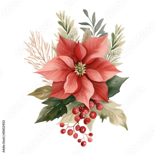 Watercolor Christmas bouquet with poinsettia. Hand painted illustration.