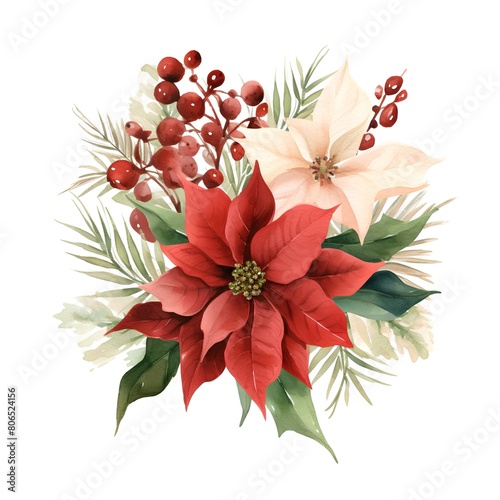 Watercolor Christmas bouquet with poinsettia  holly and berries. Hand painted illustration isolated on white background