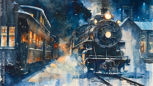 Watercolor of a diesel train arriving at a snow-covered station  the falling snowflakes softening the harsh lines of the locomotive and tracks