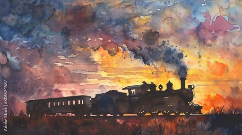 Minimalist watercolor depicting a lone steam train in a vast autumn landscape  the simplicity of the scene highlighting the elegance of the vintage machinery