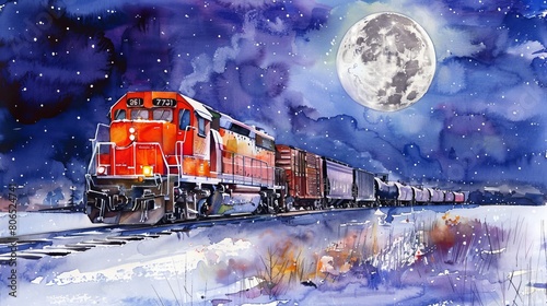 Vibrant watercolor of a diesel locomotive under a canopy of fall colors, with stars twinkling above and a cool, crisp night air enveloping the scene photo