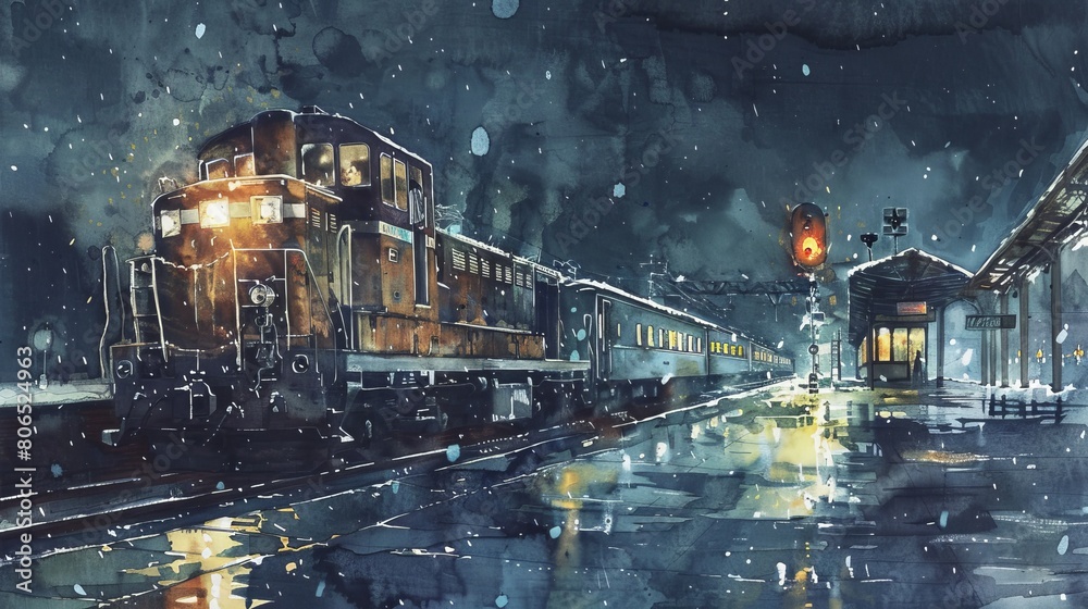 Watercolor depiction of a diesel train idling at a station during twilight, with rain turning into snow, capturing the transition of weather and time