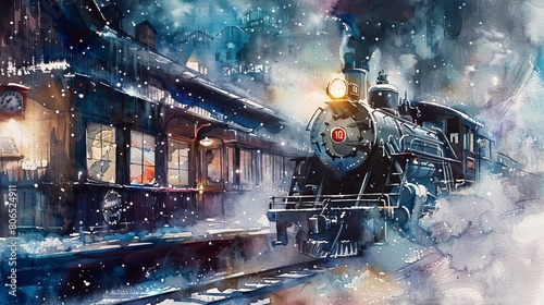Watercolor artwork capturing a steam train steaming into a station with falling snow, the clock showing midnight for a magical winter moment