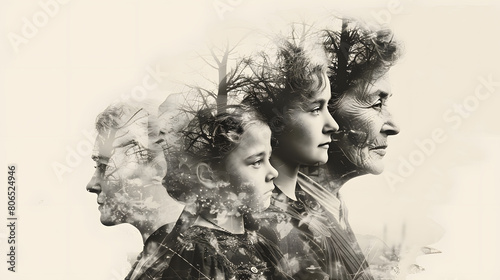 Double exposure of mother and daughter in the parka tone photo