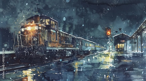 Watercolor depiction of a diesel train idling at a station during twilight  with rain turning into snow  capturing the transition of weather and time