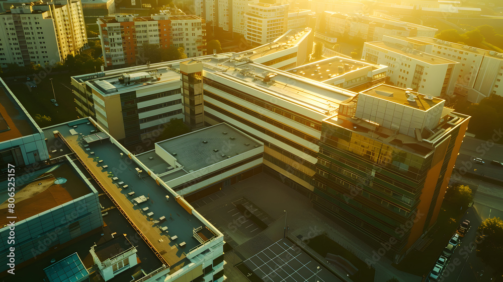Aerial view of a modern urban landscape bathed in the golden light of dawn, featuring office buildings and residential blocks Aerial view of a modern urban landscape bathed in the golden light of dawn, featuring office buildings and residential blocks