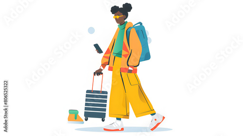 Stylish traveler illustration showing a young woman with sunglasses and a large backpack pulling a suitcase, checking her phone while walking