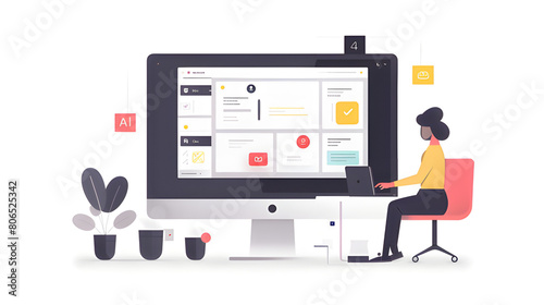 Minimalist illustration of a woman using a laptop at a modern desk with a large screen displaying various applications, in a clean and efficient office setting