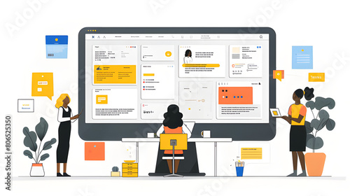 Dynamic office scene illustration with three professional women collaborating and interacting with large digital interfaces, in a spacious and modern tech office