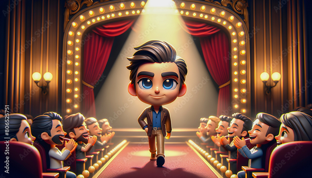A 3D render of a male fashion model standing confidently on a grand stage, showcasing a modern, sleek outfit under bright lights, with an audience in shadowed backdrop A 3D render of a male fashion model standing confidently on a grand stage, showcasing a modern, sleek outfit under bright lights, with an audience in shadowed backdrop