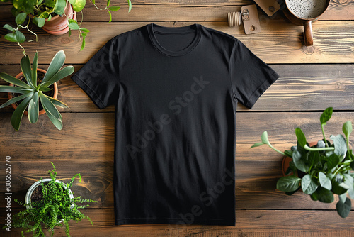 Unisex short-sleeve shirt mockup, black tee hanging on a wooden hanger on a clothing rack mock up concept photo