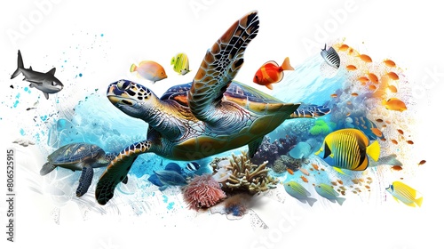 illustration of a turtle swimming in the sea with colorful fish