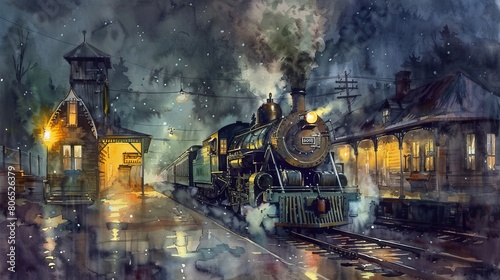 Watercolor scene of an old railway station at night, a vintage train paused as steam rises softly under the dim lights photo