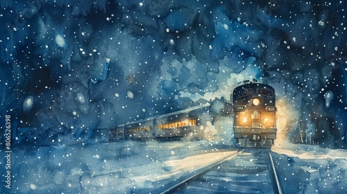 Watercolor of a steam train chugging through a snowy landscape, white mist from the engine blending with the falling snow © Alpha