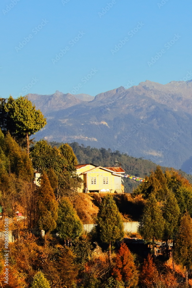 panoramic view of tawang hill station, located on the slopes of himalaya mountains near india china border in arunachal pradesh, north east india