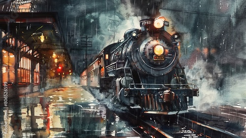 Watercolor painting of a historic steam train at a rain-drenched station  the rain creating a shimmering curtain in front of the dimly lit train