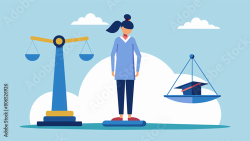 A person stands on a scale with one side representing the weight of their student loans while the other side struggles to balance a healthy mental. Vector illustration