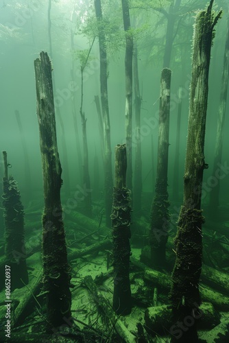 Encounter the remnants of a long-forgotten forest as you explore the depths of a submerged wilderness, where sunken trees stand, Generative AI photo