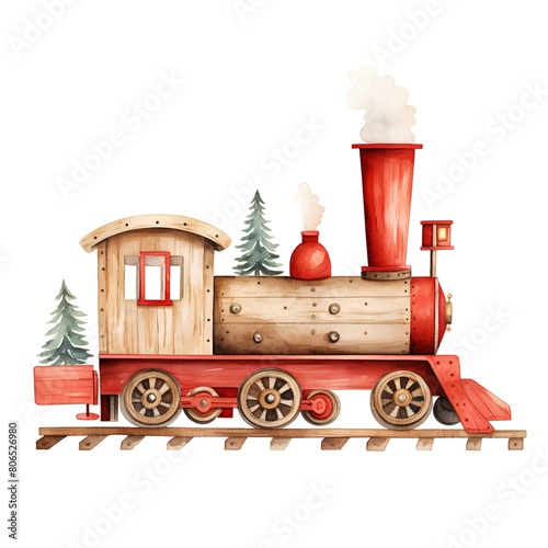 Watercolor illustration of a wooden toy train on a white background. photo