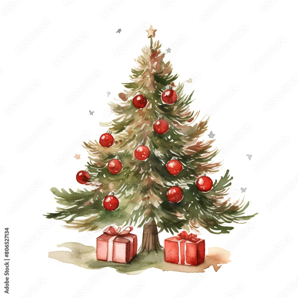 Watercolor Christmas tree with gifts. Hand drawn illustration isolated on white background
